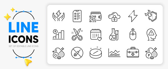 Safe energy, Chromium mineral and Healthcare calendar line icons set for app include Qr code, Cloud protection, Checklist outline thin icon. No vaccine, Medical tablet. Vector