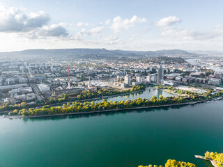 Kopaszi dam, Kopaszi-gát and the MOL Tower next to the Danube in Budapest Hungary