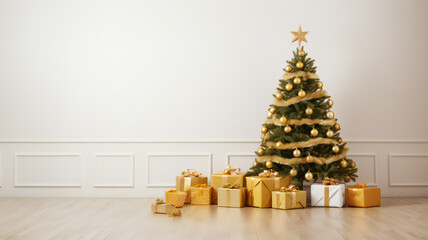 christmas tree in white background and gold gift box