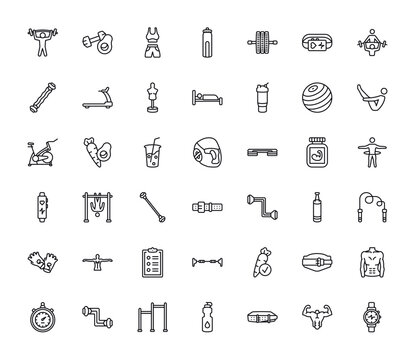 outline icons set from gym and fitness concept. editable vector such as barbell weightlifting, fitness nutrition, female sportwear, bar exercising, skipping rope, good diet, training watch icons.