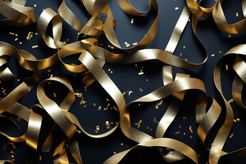 golden ribbon pattern with confetti on a black background for Christmas
