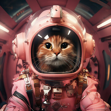 Astrocat: A tabby cat dressed in a pink spacesuit and helmet in a spaceship.
