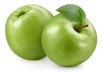 Green ripe apple with leaf clipping path
