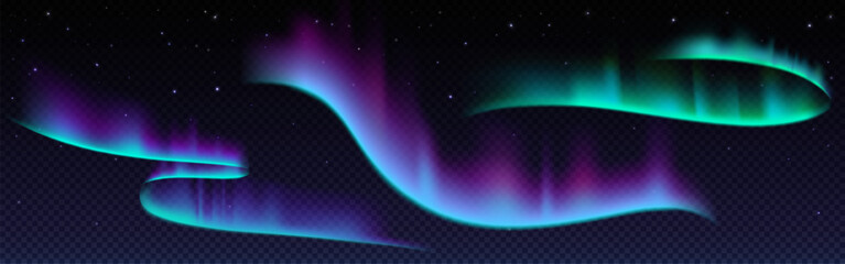 Northern lights with neon glowing effect on dark transparent background. Colorful bright luminous streaks of aurora borealis on polar night starry sky. Realistic vector set of arctic visual phenomenon