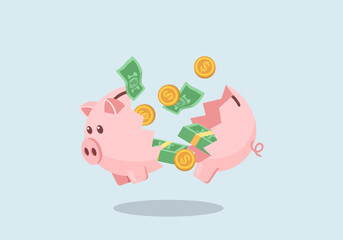Breaking the savings piggy bank, using emergency money, vector illustration.
