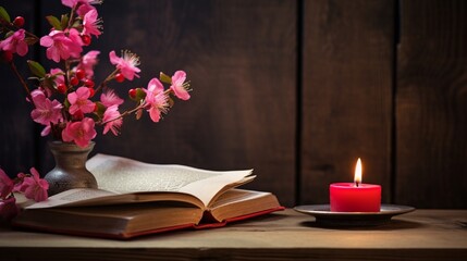 Floral Still Life with Candlelit Ambiance and open book on Wooden Table generated by AI tool 