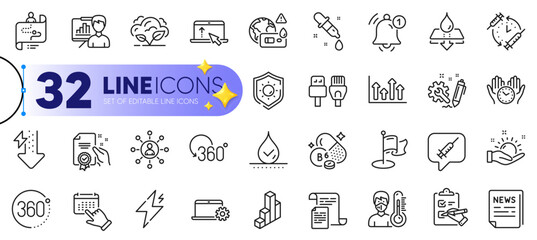 Outline set of Vaccination schedule, Computer cables and Swipe up line icons for web with Sun protection, Waterproof, Notebook service thin icon. Vitamin b6, Thermometer. Vector
