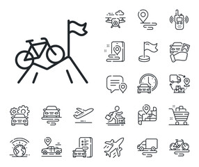 Fototapeta premium Outdoor bicycle transport sign. Plane, supply chain and place location outline icons. Mountain bike line icon. Sport activity symbol. Mountain bike line sign. Taxi transport, rent a bike icon. Vector