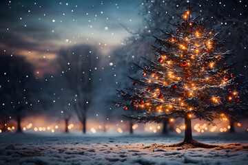 Fototapeta premium christmas tree decorations, santa claus with gifts, snowman in the snow, christmas gift boxes