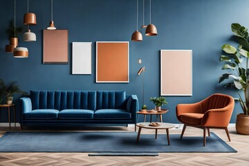 Blue sofa and terra cotta lounge chair against wall with two art posters Minimalist home interior design of modern living room