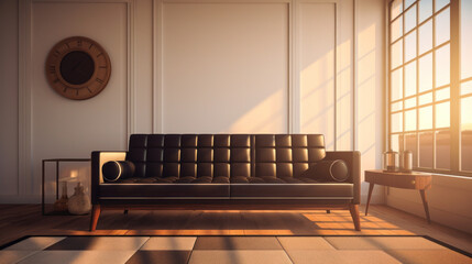 Black seventies style sofa in a modern living room . 3D rendering. Vintage style. Ai generative.