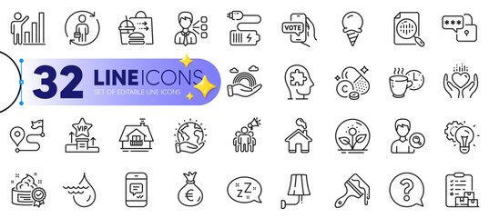 Outline set of Graph chart, Money bag and Hold heart line icons for web with Online voting, Brush, Incubator thin icon. Mental conundrum, Third party, Home pictogram icon. Battery. Vector