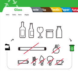Ready sets of icons for separating glass waste. Vector elements are made with high contrast, well suited to different scales and on different media. Ready for use in your design. EPS10.