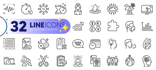Outline set of Report, Medical prescription and Money currency line icons for web with Square meter, Yoga, Time management thin icon. Vitamin h, Hourglass timer, Scissors pictogram icon. Vector