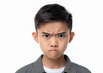 Angry Asian child looking straight ahead isolated on white background. AI generative.