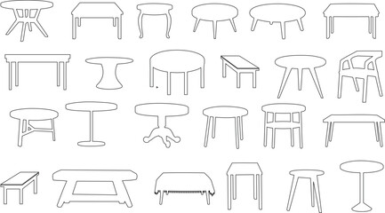 Modern table and antique tables line art collection, vector illustration. Perfect for furniture design, home decor, interior design projects, includes round, square, rectangular, and oval tables