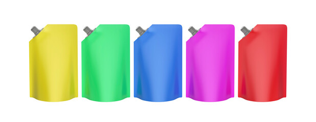 Row with five stand-up pouches with different colors, front view
