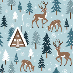 Seamless vector pattern with cute winter deer, snowy landscape with pine trees and woodland cabin. Hand drawn illustration artwork. Perfect for textile, wallpaper or print design.