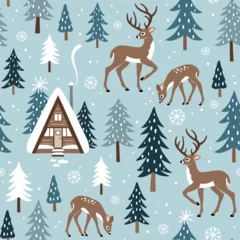 Fototapeten Seamless vector pattern with cute winter deer, snowy landscape with pine trees and woodland cabin. Hand drawn illustration artwork. Perfect for textile, wallpaper or print design. © MirabellePrint