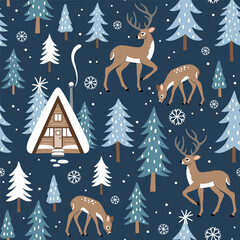 Seamless vector pattern with cute winter deer, snowy landscape with pine trees and woodland cabin. Hand drawn illustration artwork. Perfect for textile, wallpaper or print design.