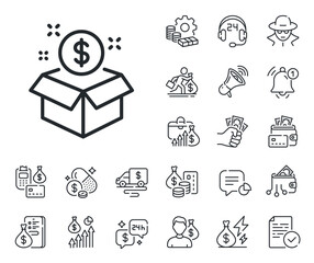 Paid service sign. Cash money, loan and mortgage outline icons. Post package line icon. Post package line sign. Credit card, crypto wallet icon. Inflation, job salary. Energy prices growth. Vector