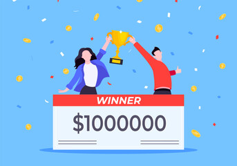Happy lottery winners with big prize paycheck. Fortune lottery or casino gambling lucky games concept flat style design vector illustration. People jumps in the air with trophy cup.