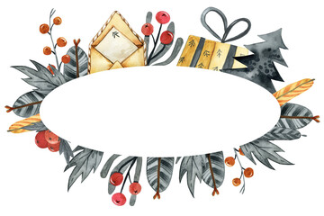Christmas watercolor frame banner template with fir branches, Christmas balls, stars, berries, gingerbread, plants, garland. Watercolor hand drawn illustration for poster, packaging, designs, cards