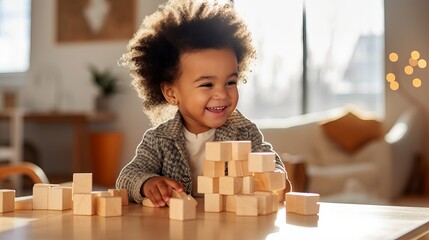 African American toddler playing with wooden block toys - obrazy, fototapety, plakaty