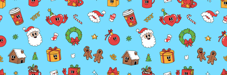 Merry Christmas groovy funny cartoon seamless pattern. Santa Claus, Christmas tree, coffee and ball in trendy funky retro cartoon style. Greeting background, wrapping paper, textile, wallpaper.