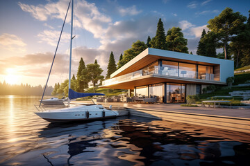 Modern residence by the lake, with the yacht moored to the quay