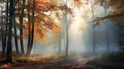 Obraz premium landscape morning in the autumn misty forest, the rays of sunlight at dawn shine through the fog in a panoramic view of the October park