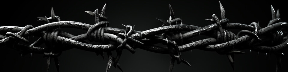 barbed wire on a black background long frame - obrazy, fototapety, plakaty
