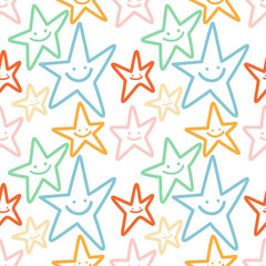 Obraz premium minimal doodle Happy smile star colourful cute funny doodle simple childish line seamless pattern. for print nursery back to school or birthday party