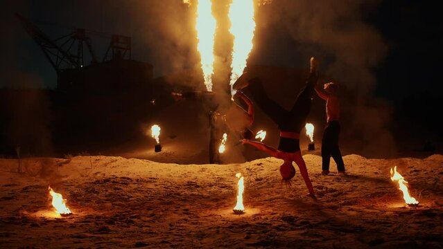 Amazing Circus Performance With Fire Outdoors In Night, Slow Motion, Beautiful Fire Show