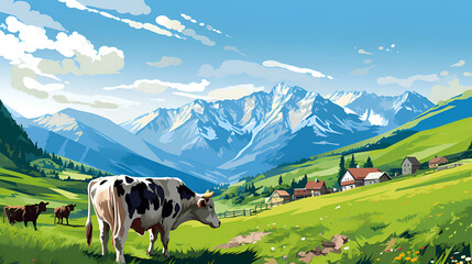 Fototapeta na wymiar Farm Cow in the Mountains of Europe