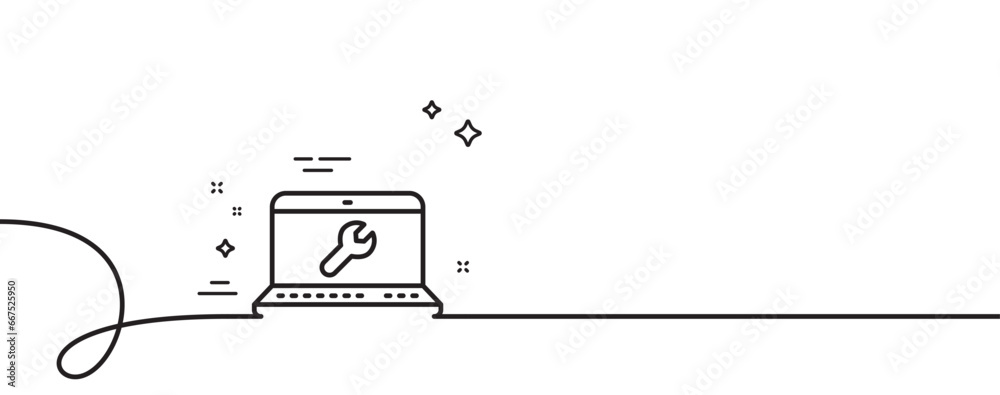 Poster spanner tool line icon. continuous one line with curl. laptop repair service sign. fix instruments s