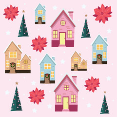Pattern with christmas trees,houses and flowers.Christmas pattern for banners,background and wrapping paper.