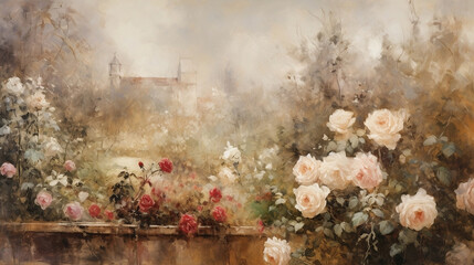 Oil painting of a garden with white and red roses, Generative AI