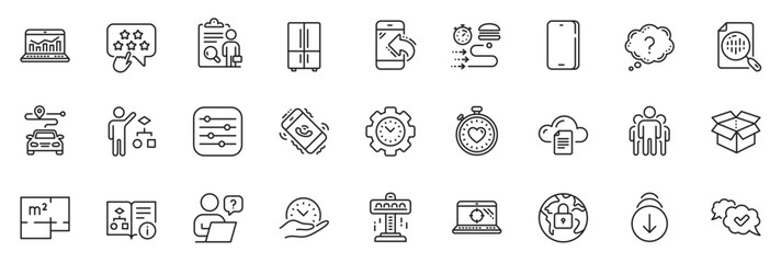 Icons pack as Floor plan, Inspect and Online question line icons for app include Approved, Analytics chart, Lock outline thin icon web set. Web analytics, Question mark. Vector