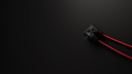 Red electrical wires connected to a black connector against a dark background with copy space - symbolizing power, connection, and technology 