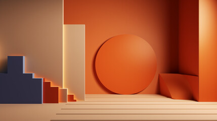 Abstract geometric shape podium for product display on orange background with circle and graph shape and copy space. 3d rendering.