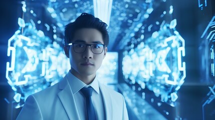 Portrait of success asian businessman with AI experience in futuristic workplace neon light white and blue. generative AI 
