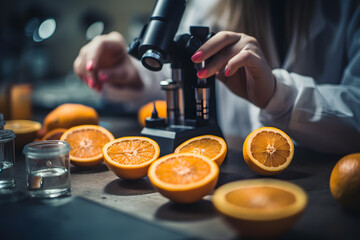 pink nail on Scientist's hand who holding a microscope and testing on oranges.