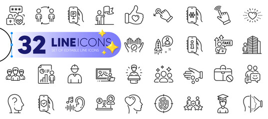 Outline set of Workflow, Jobless and Cyber attack line icons for web with Business report, Support, Parking app thin icon. Startup, Engineer, Fingerprint pictogram icon. Brand ambassador. Vector