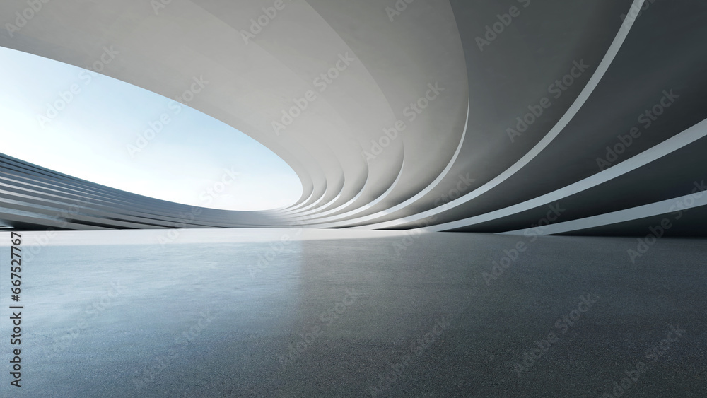 Poster 3d render of abstract futuristic architecture with empty concrete floor. Scene for car presentation.