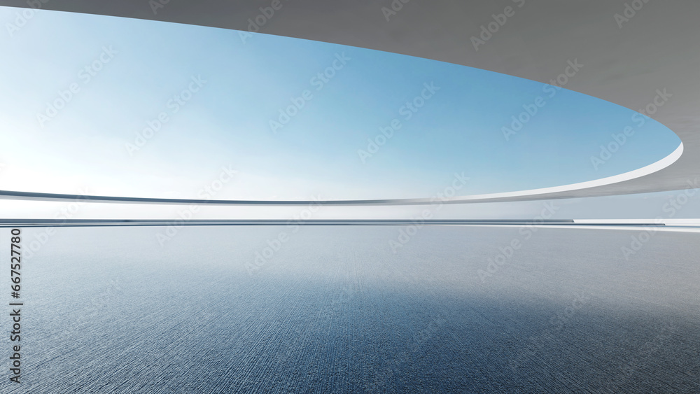 Poster 3d render of abstract futuristic architecture with empty concrete floor. Scene for car presentation.