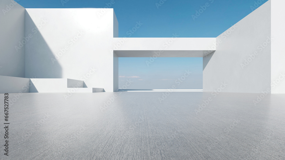 Poster 3d render of abstract futuristic architecture with empty concrete floor. Scene for car presentation.
