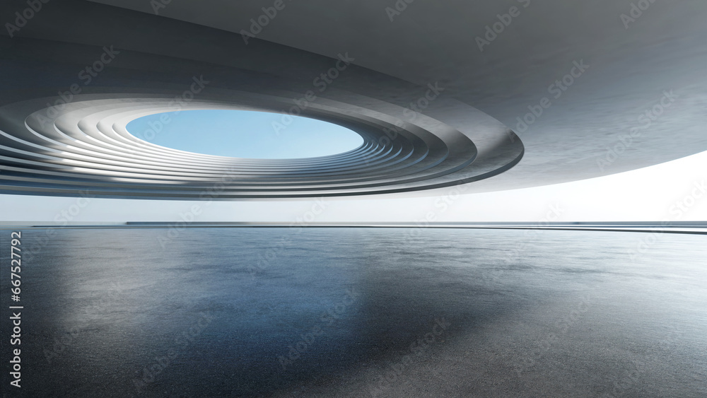 Aufkleber 3d render of abstract futuristic architecture with empty concrete floor. Scene for car presentation.