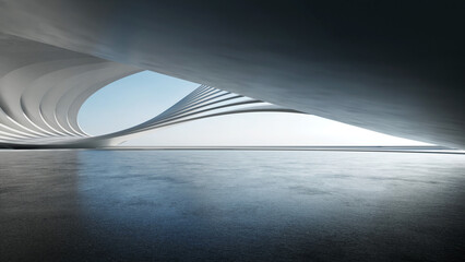 3d render of abstract futuristic architecture with empty concrete floor. Scene for car presentation. - 667527787