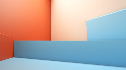 3D geometric blue Podium on Orange and white Color wall. Minimal wall scene for products stage showcase, promotion display